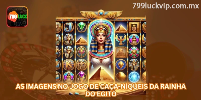 Os símbolos de Rainha do Egito incluem ícones comuns e recursos especiais, como Wild, Bonus, Jackpot e giros grátis.